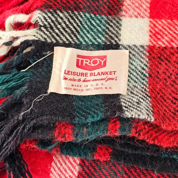 Vintage Troy Leisure Blanket lap robe throw black red green white 51x57 fringed - Picture 6 of 10